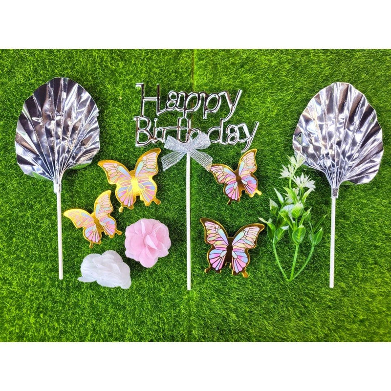 Happy Birthday Butterfly Cake Topper - Silver
