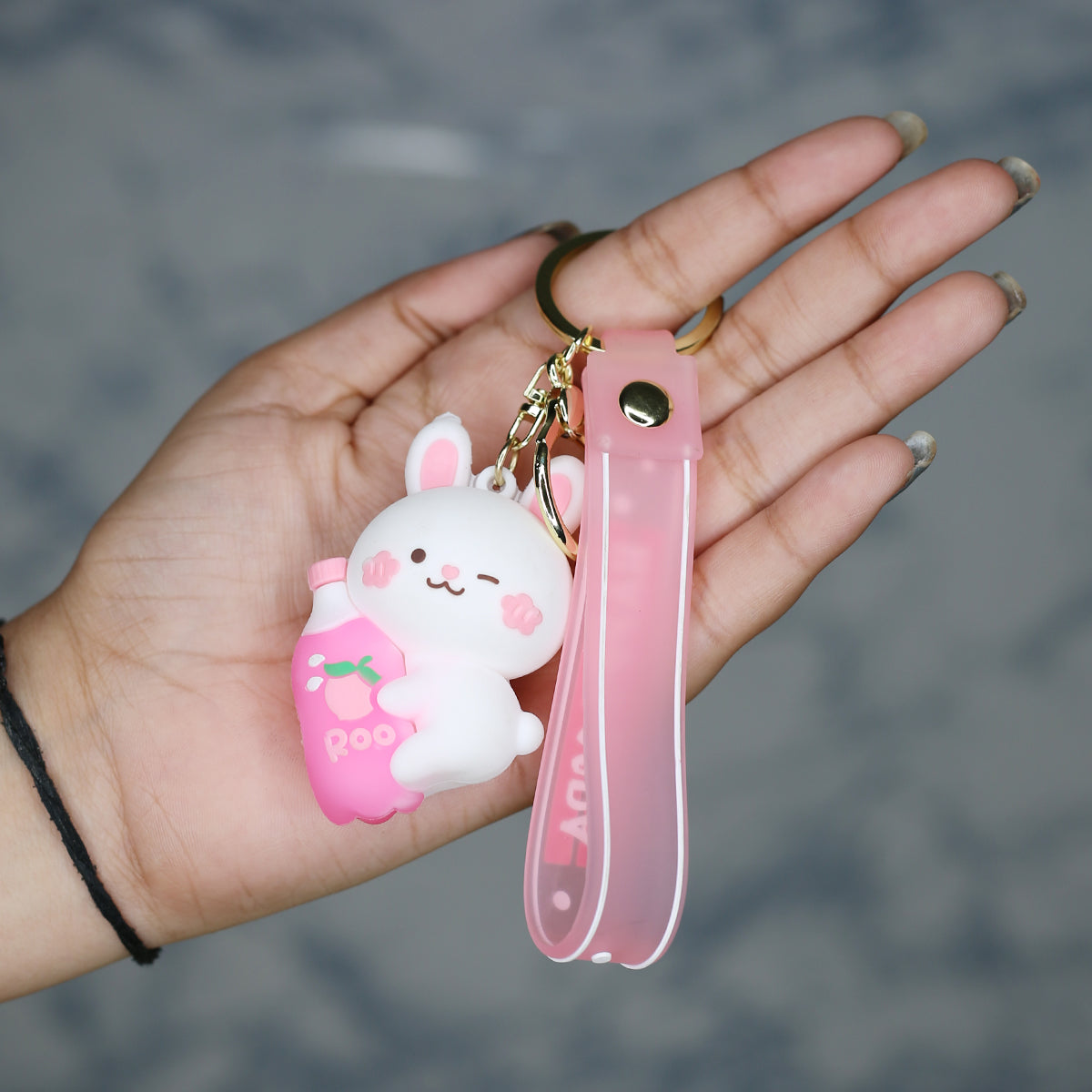 Cartoon Keychain with Band - Pink Bunny