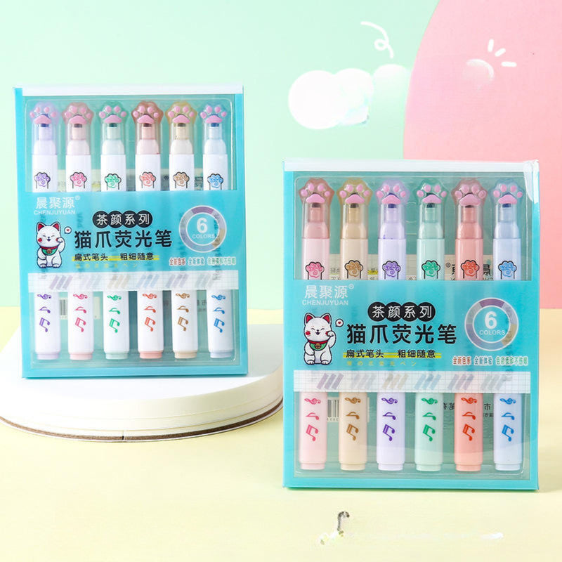  cute cat claw highlighter pen sets in pastel colors displayed on a decorated colorful background.