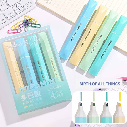 Set of four pastel Dopamine Color highlighters in mint green, blue, yellow, and turquoise inside a light blue packaging box.