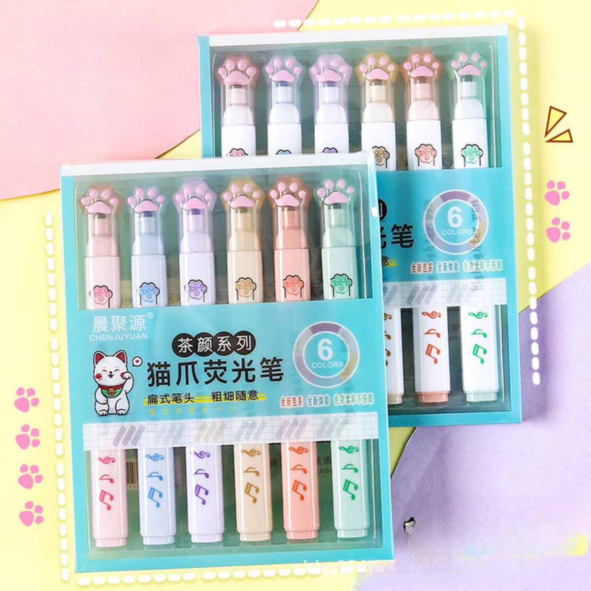 Cute Cat Claw Highlighters - 6-Piece Pastel Aesthetic Highlighter Pen Set