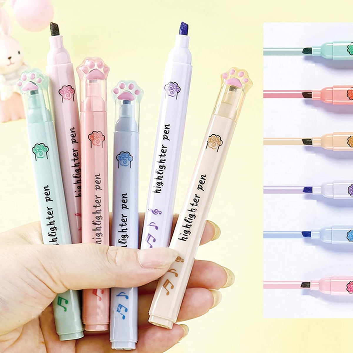 Cute Cat Claw Highlighters - 6-Piece Pastel Aesthetic Highlighter Pen Set
