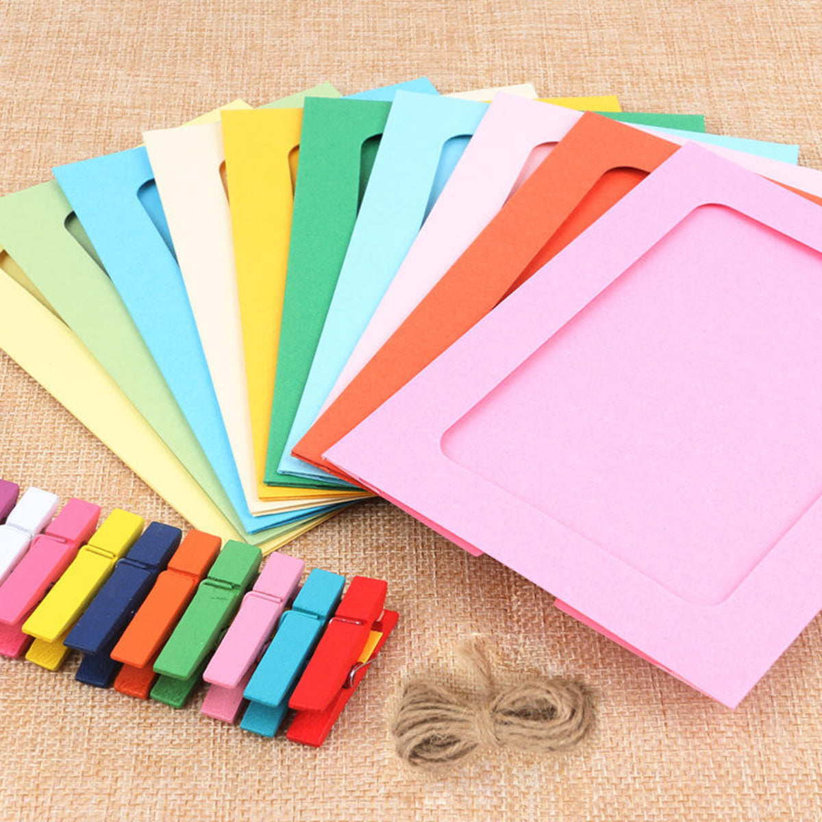 Colorful Paper Photo Frames Hanging Wall Picture Display Set with Clips and String