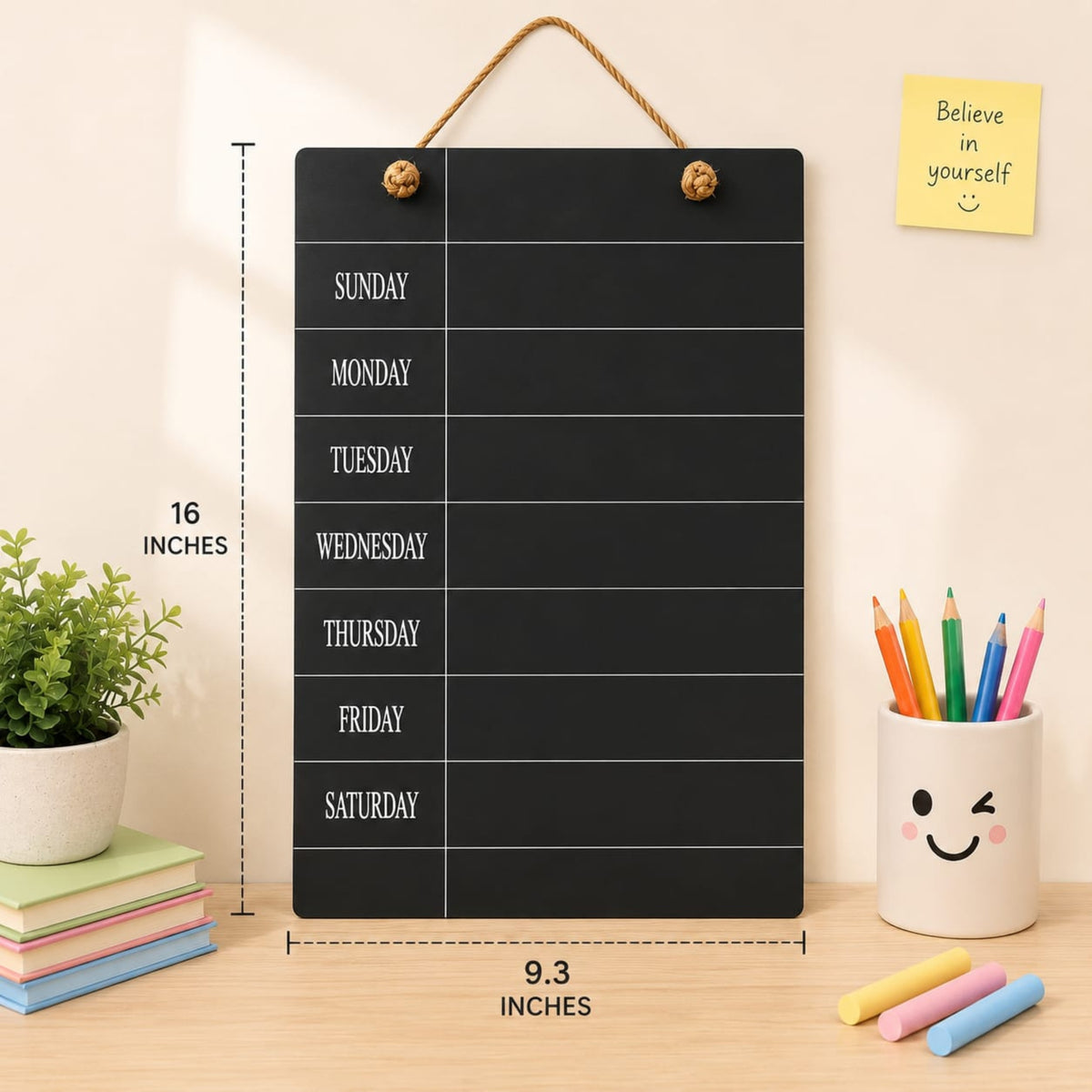 Black Wooden Hanging Weekly Planner Board with Jute Rope