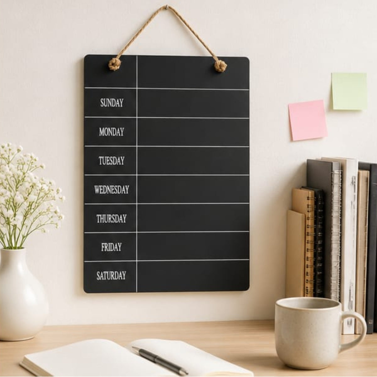 Black Wooden Hanging Weekly Planner Board with Jute Rope