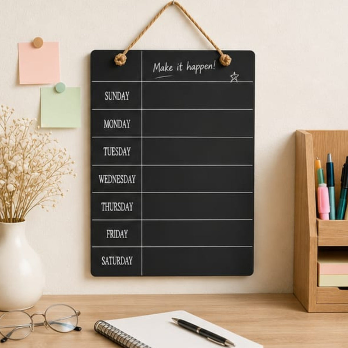 Black Wooden Hanging Weekly Planner Board with Jute Rope
