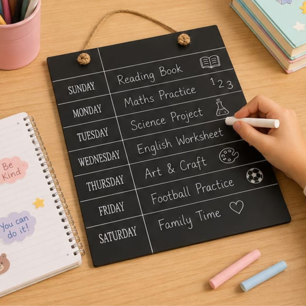 Black Wooden Hanging Weekly Planner Board with Jute Rope