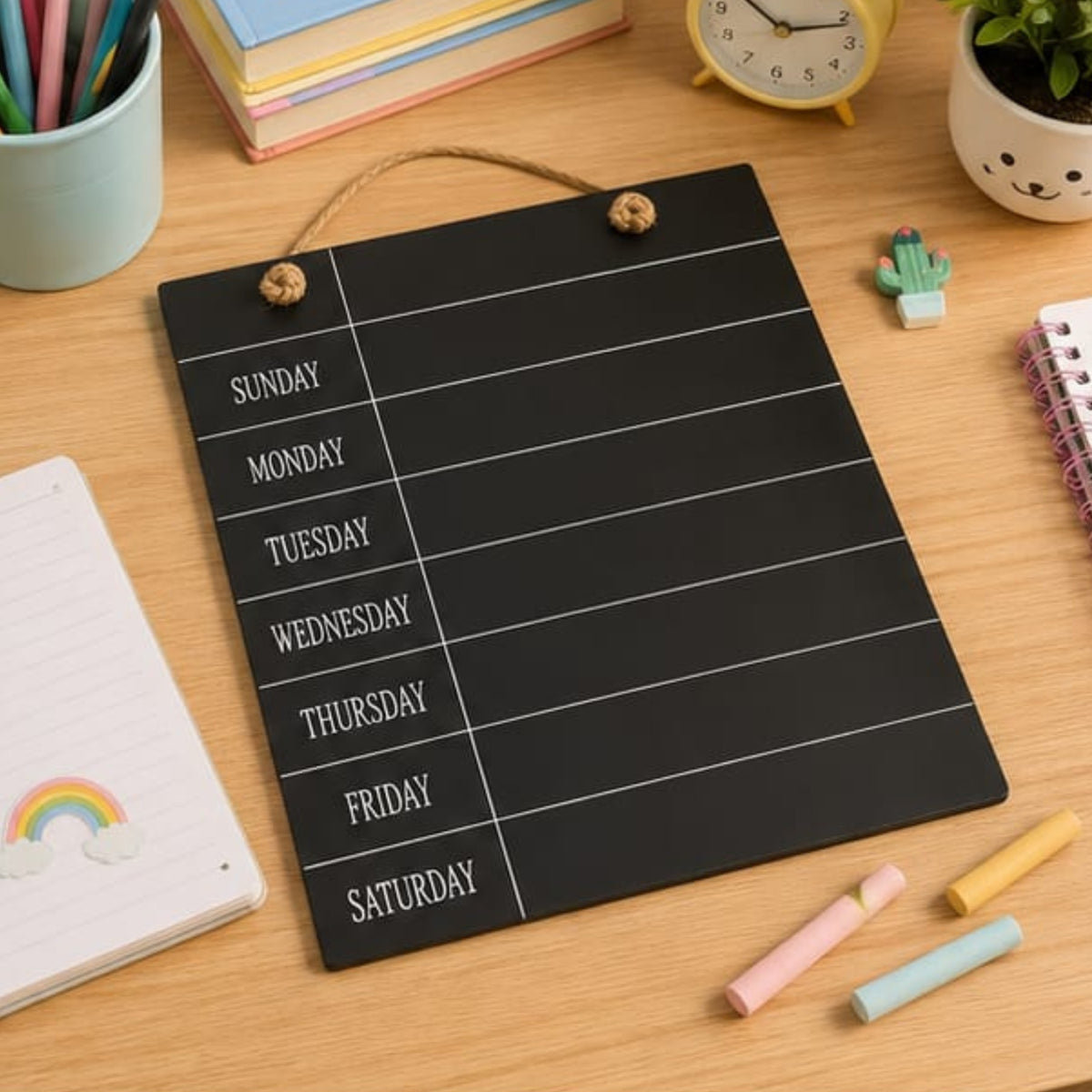 Black Wooden Hanging Weekly Planner Board with Jute Rope
