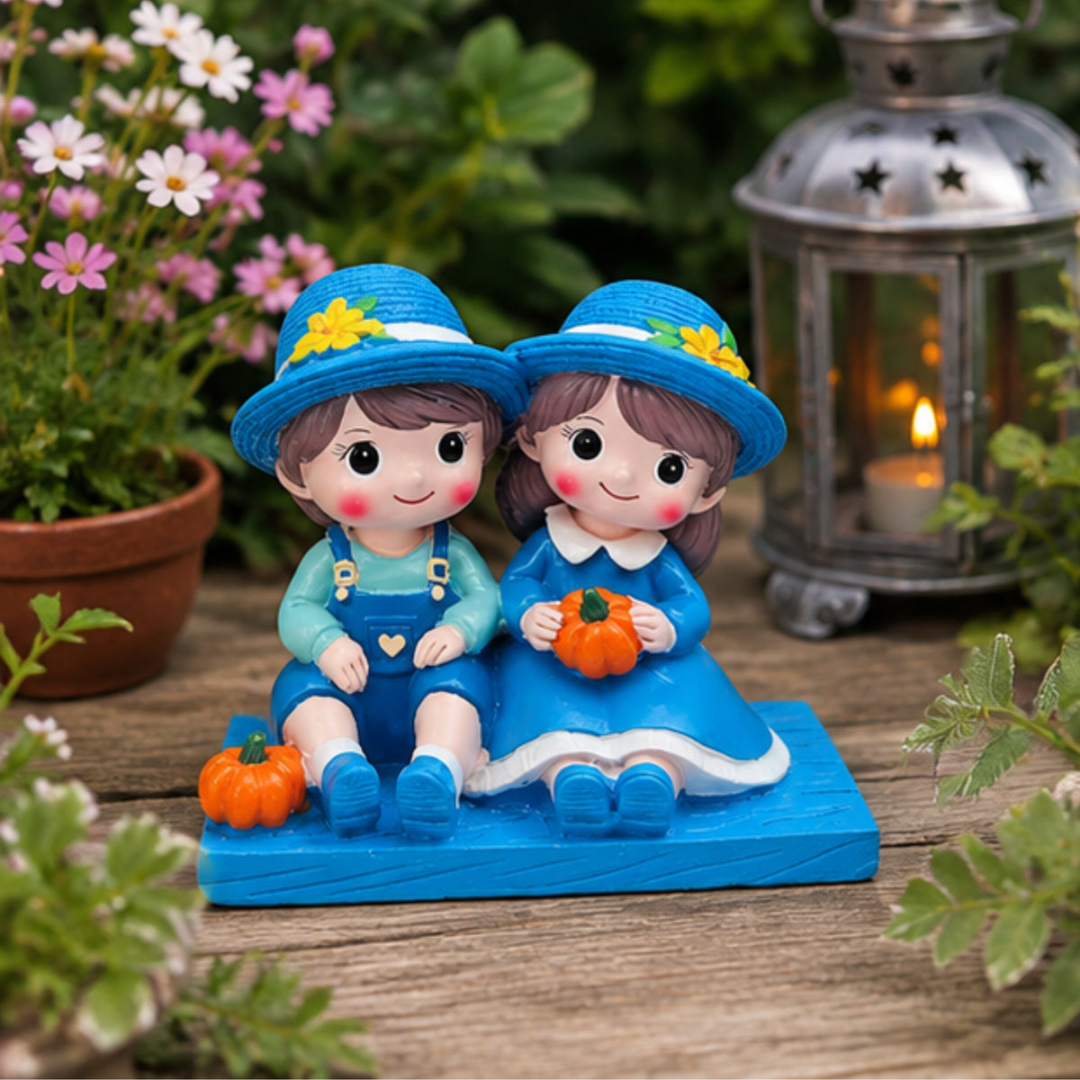 Sitting Boy & Girl Couple Figurine - Blue Garden