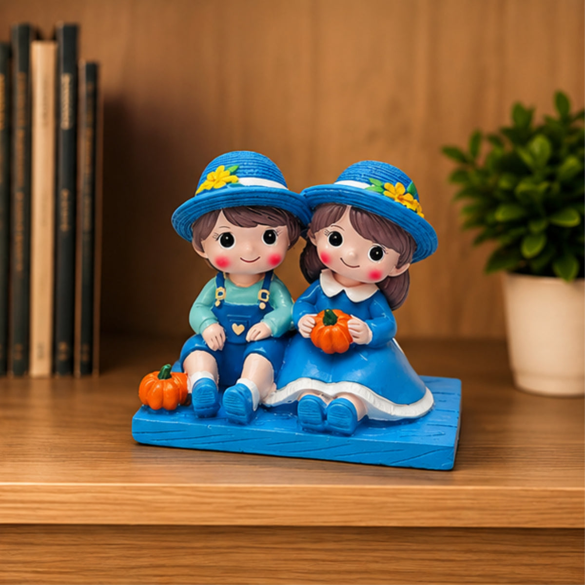 Sitting Boy & Girl Couple Figurine - Blue Garden