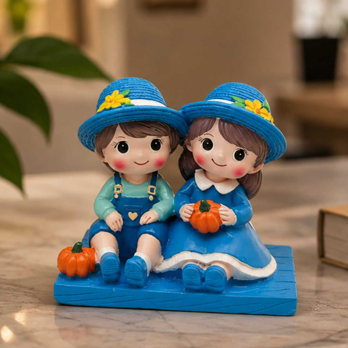 Sitting Boy & Girl Couple Figurine - Blue Garden