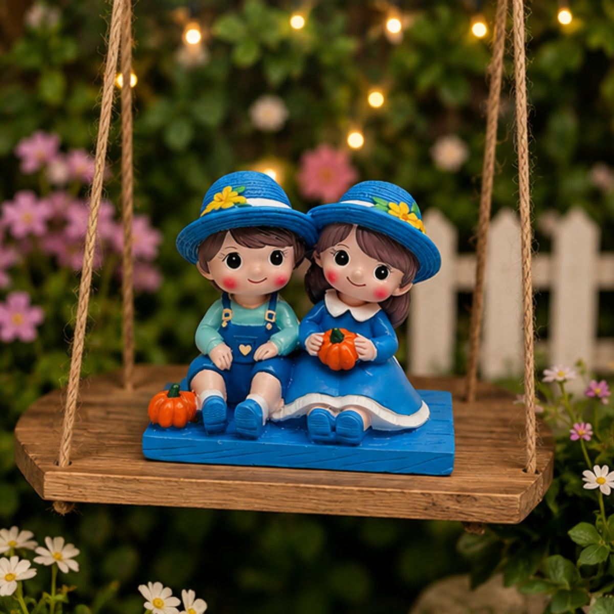 Sitting Boy & Girl Couple Figurine - Blue Garden