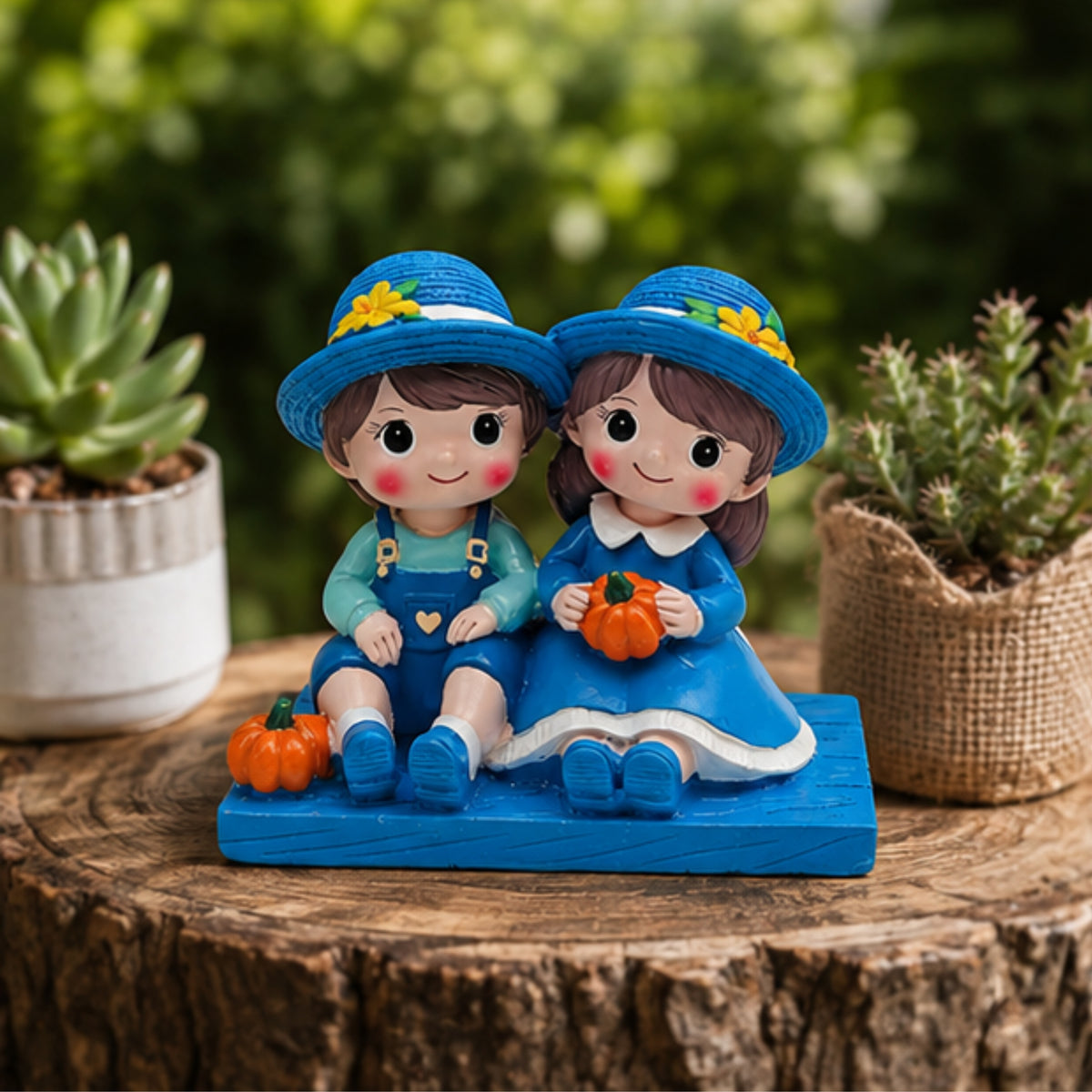 Sitting Boy & Girl Couple Figurine - Blue Garden