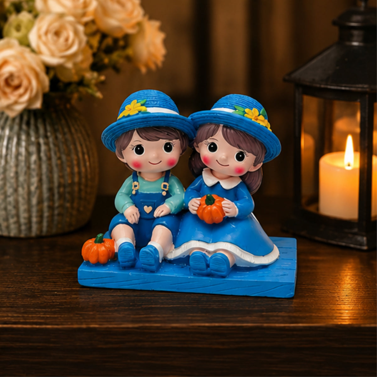 Sitting Boy & Girl Couple Figurine - Blue Garden