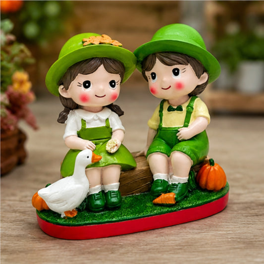 Garden Couple Sitting Figurine - Duck & Pumpkin