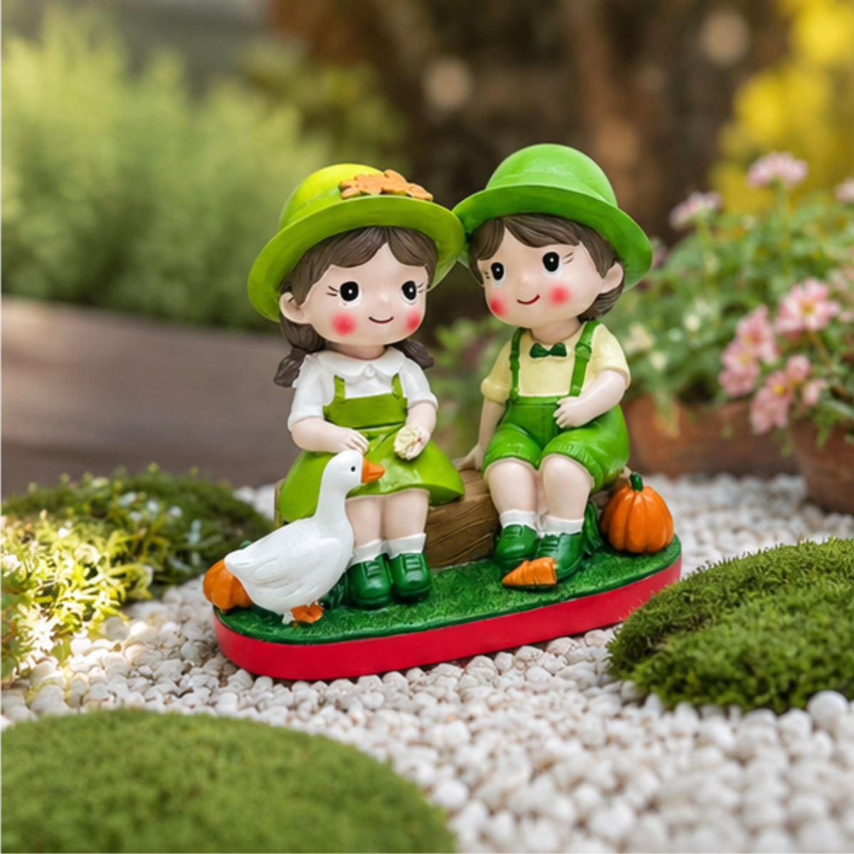 Garden Couple Sitting Figurine - Duck & Pumpkin