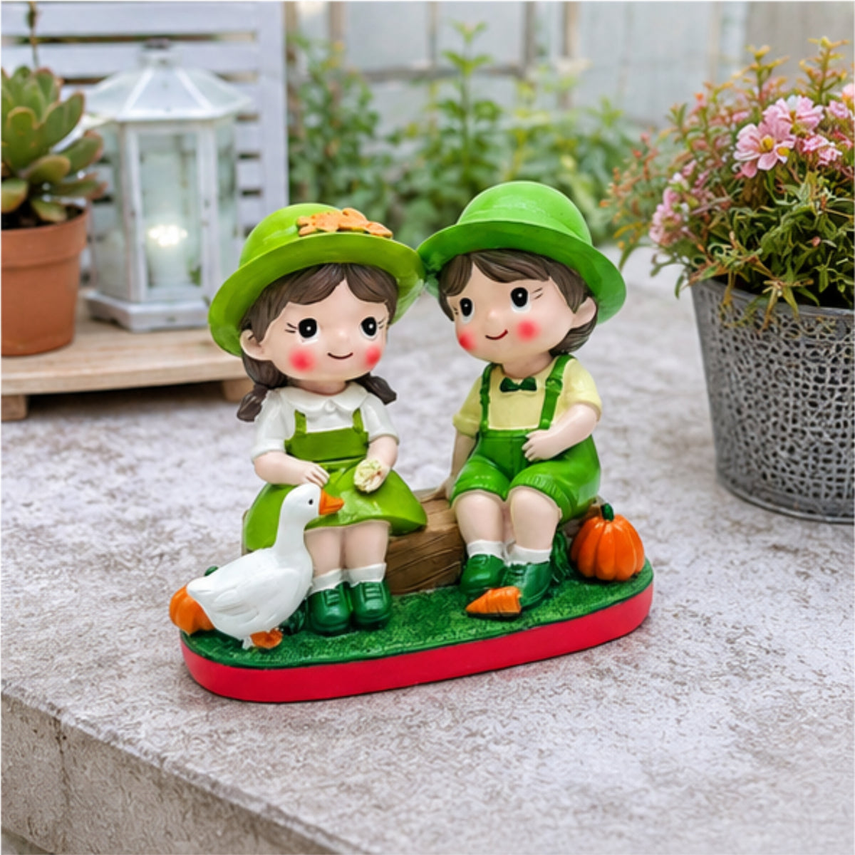 Garden Couple Sitting Figurine - Duck & Pumpkin