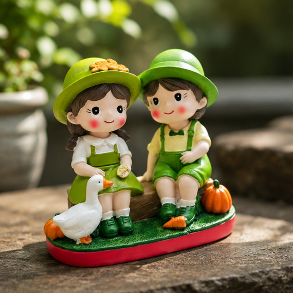 Garden Couple Sitting Figurine - Duck & Pumpkin