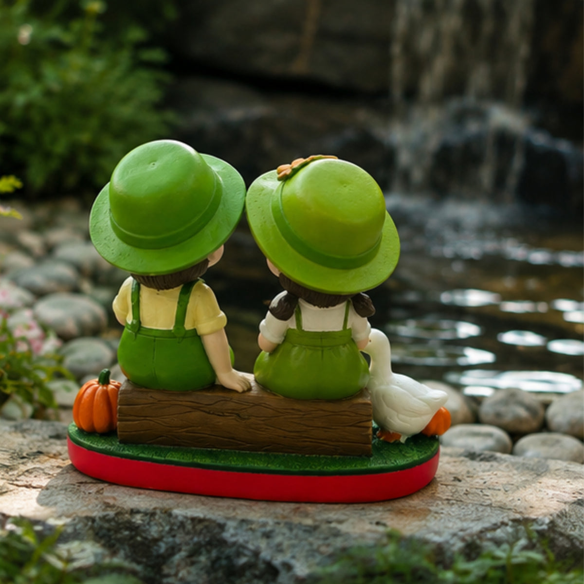 Garden Couple Sitting Figurine - Duck & Pumpkin