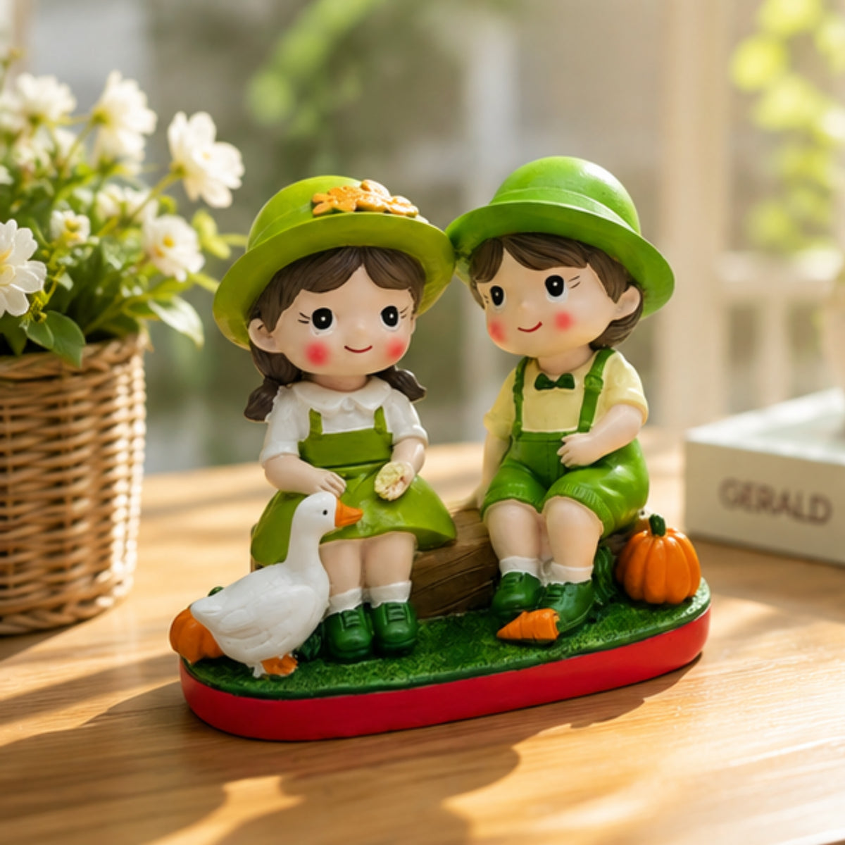 Garden Couple Sitting Figurine - Duck & Pumpkin