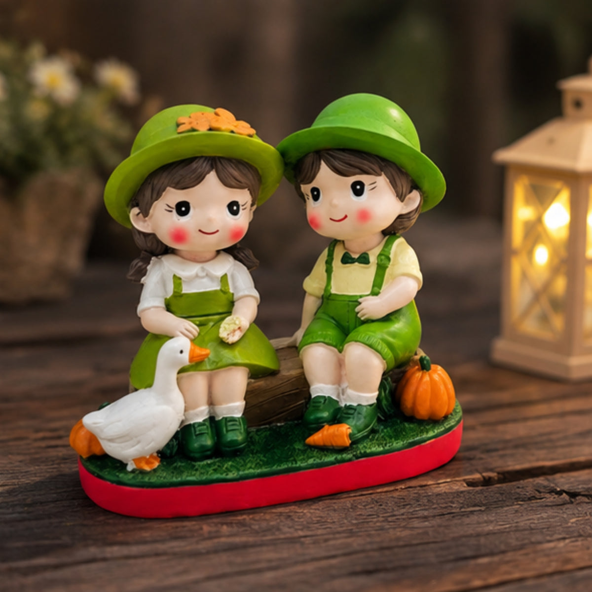 Garden Couple Sitting Figurine - Duck & Pumpkin