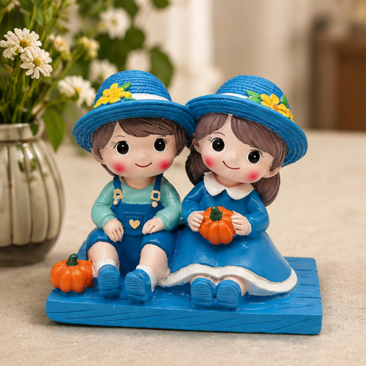 Sitting Boy & Girl Couple Figurine - Blue Garden
