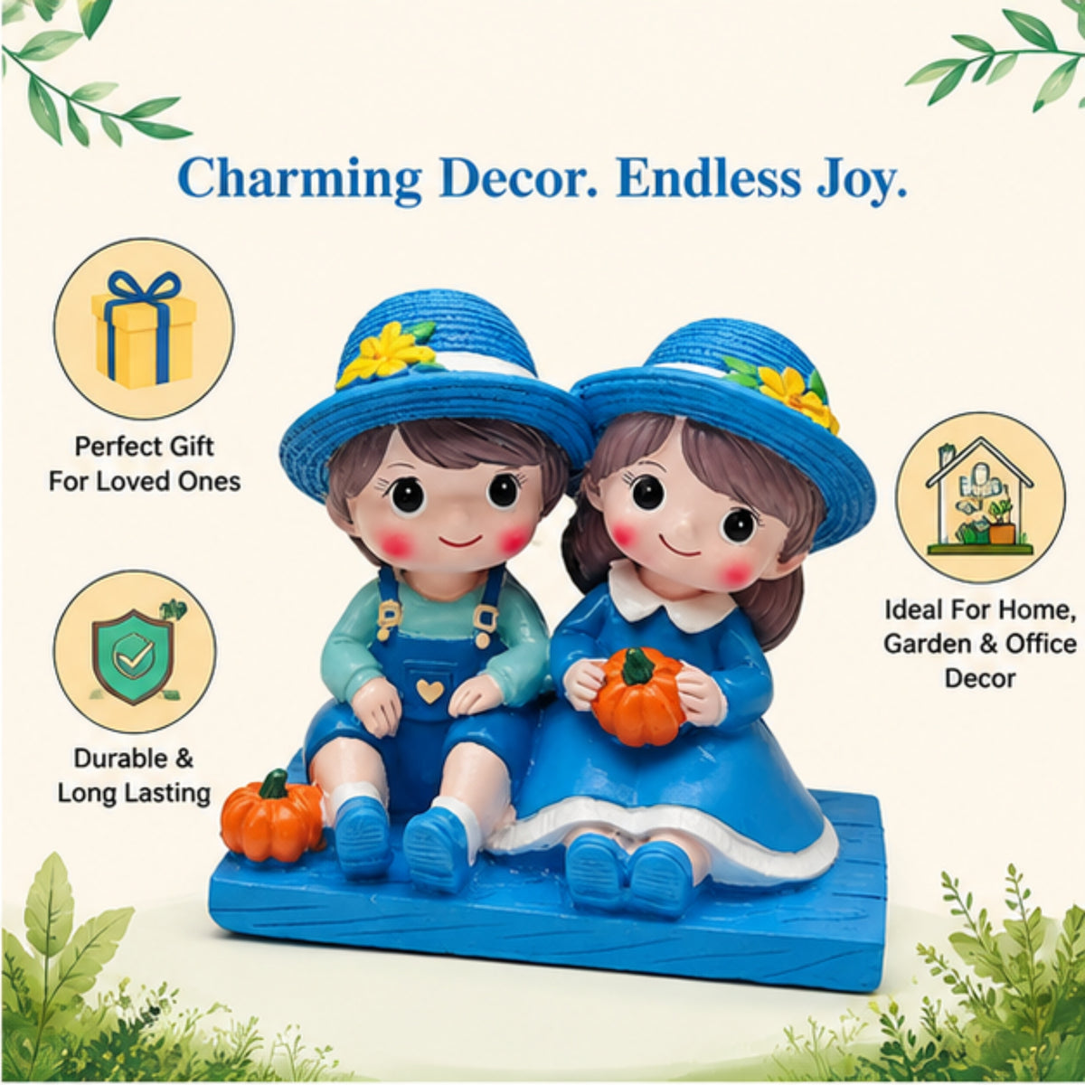 Sitting Boy & Girl Couple Figurine - Blue Garden