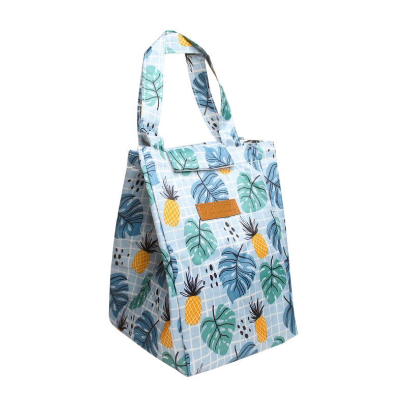 Canvas Tote Lunch Bag - Light Blue Pineapple Print