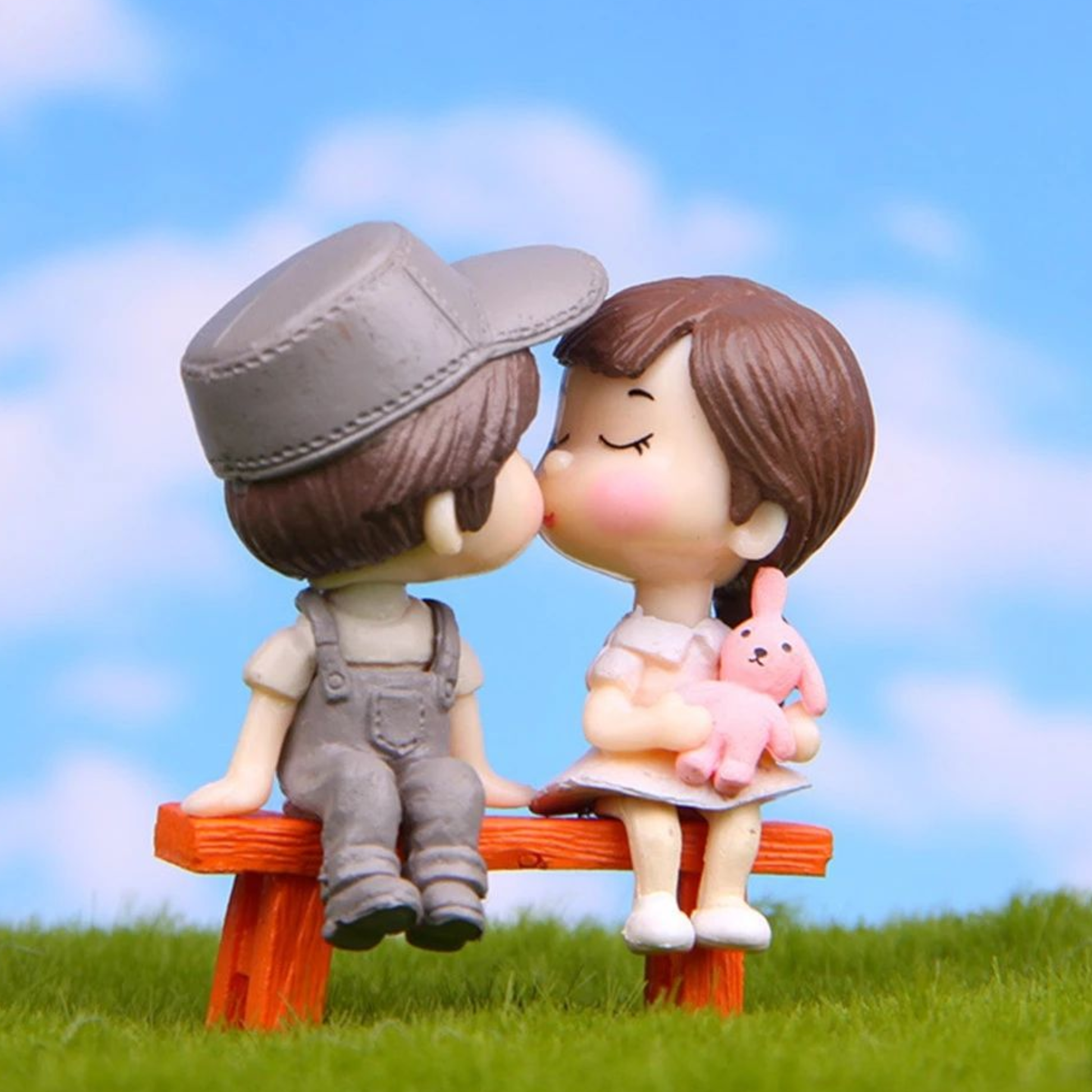 Girl & Boy on Bench Miniature (Grey & Blue)