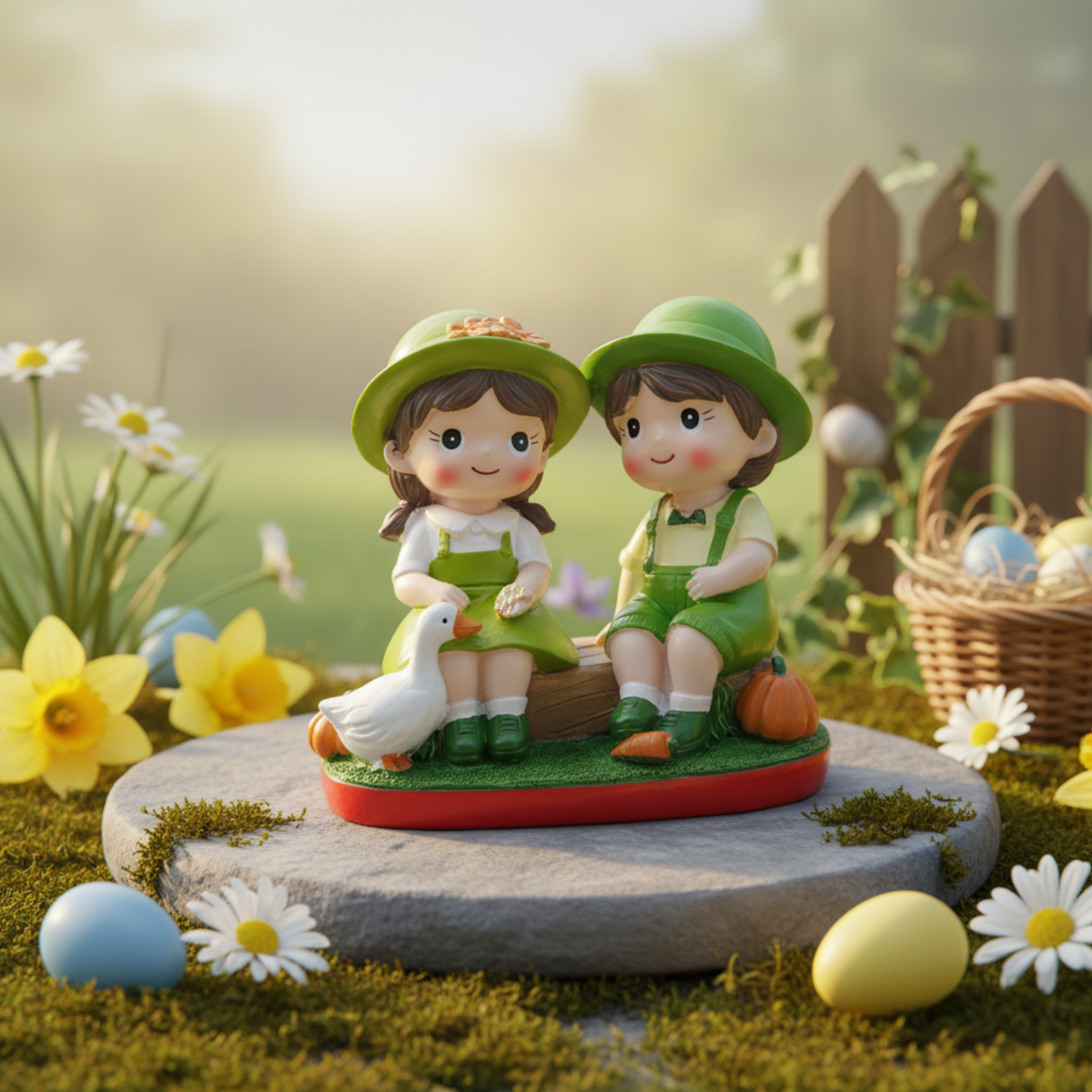 Garden Couple Sitting Figurine - Duck & Pumpkin