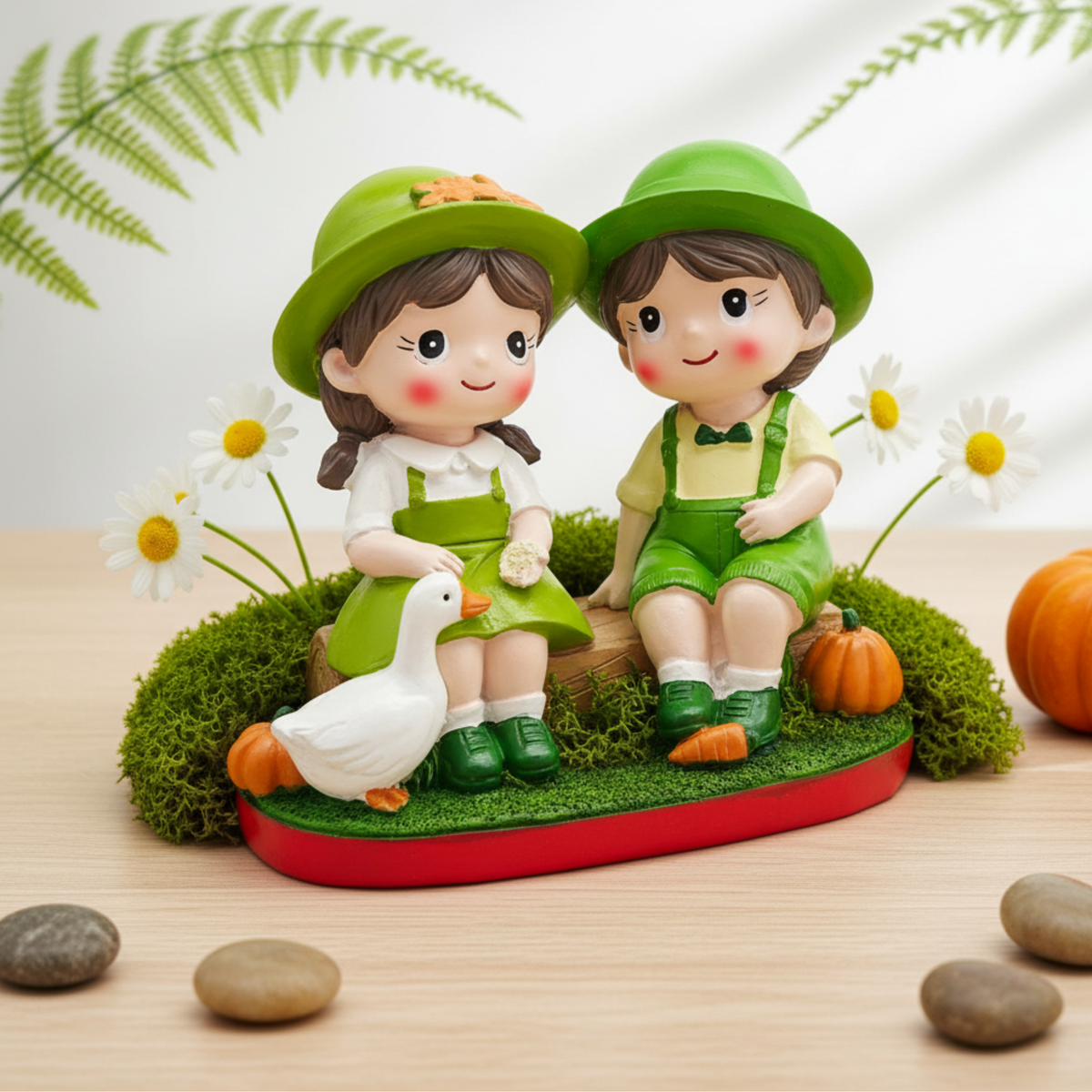 Garden Couple Sitting Figurine - Duck & Pumpkin