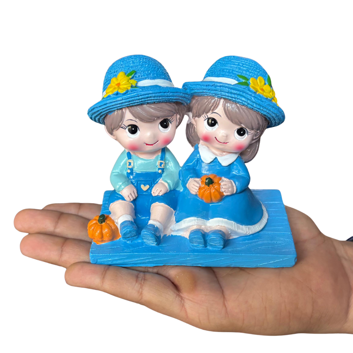Sitting Boy & Girl Couple Figurine - Blue Garden