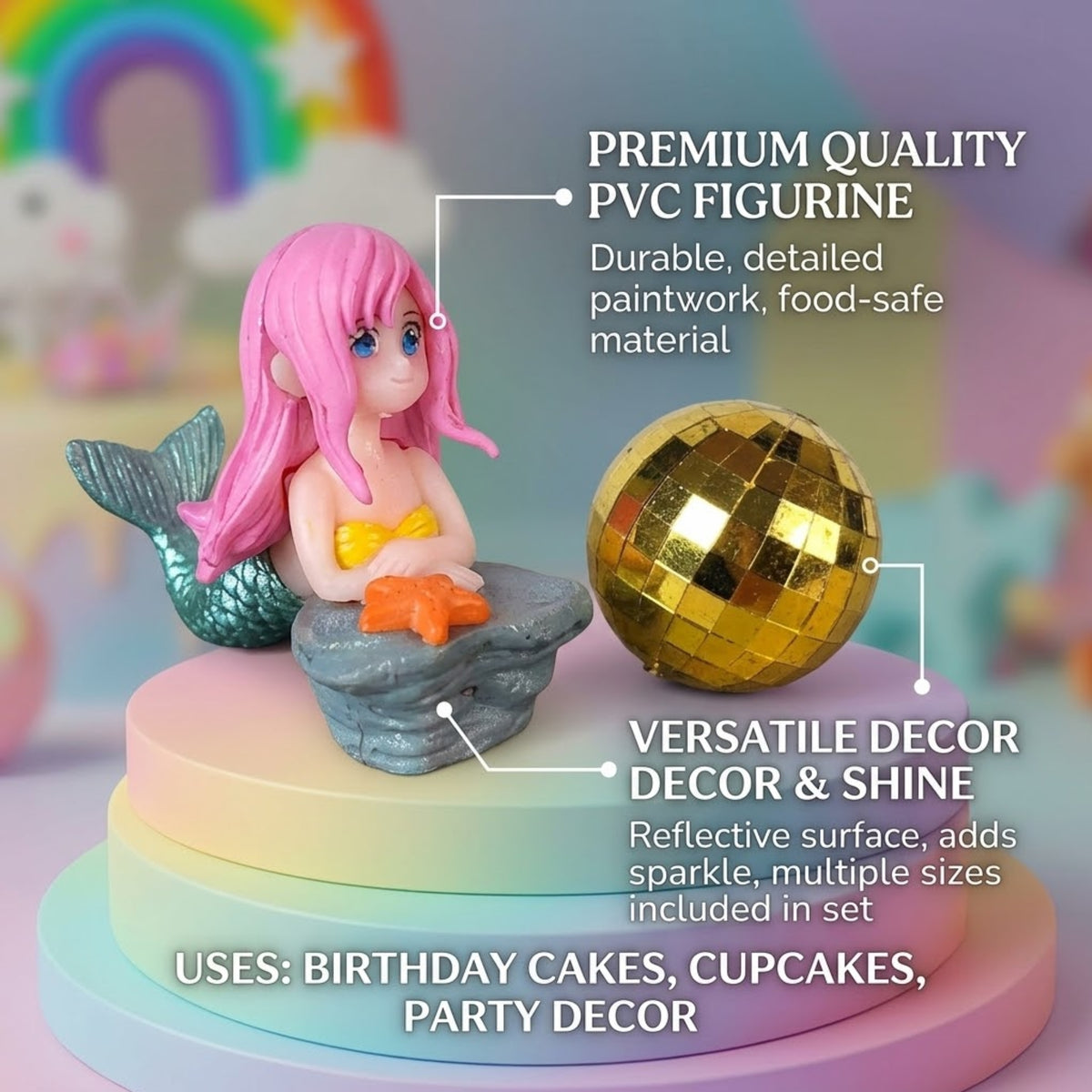 Mermaid & Rainbow Cake Topper Set