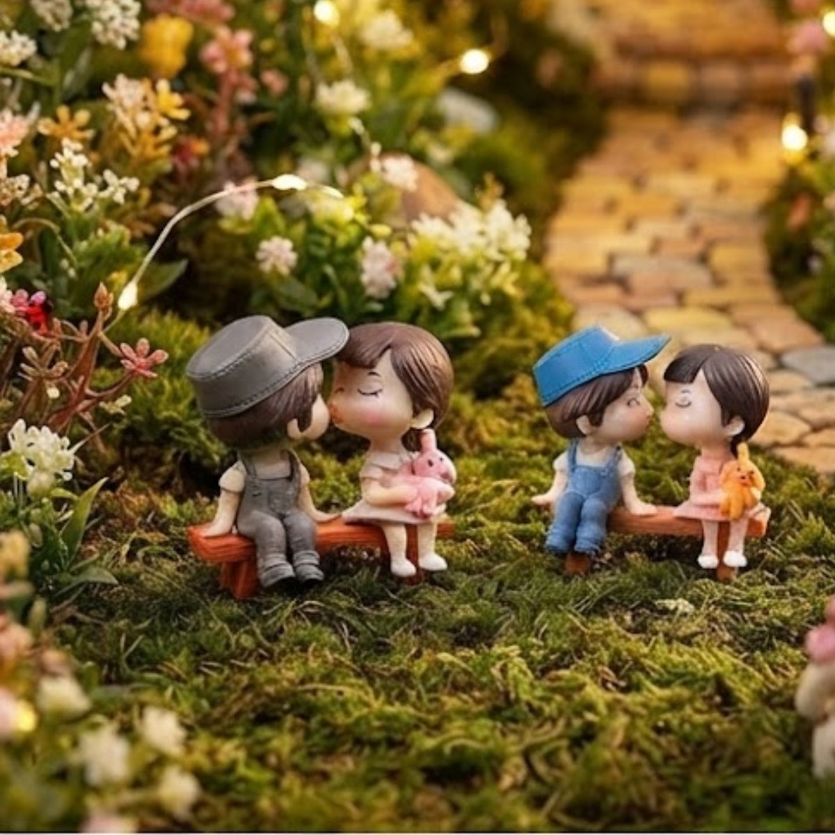 Girl & Boy on Bench Miniature (Grey & Blue)