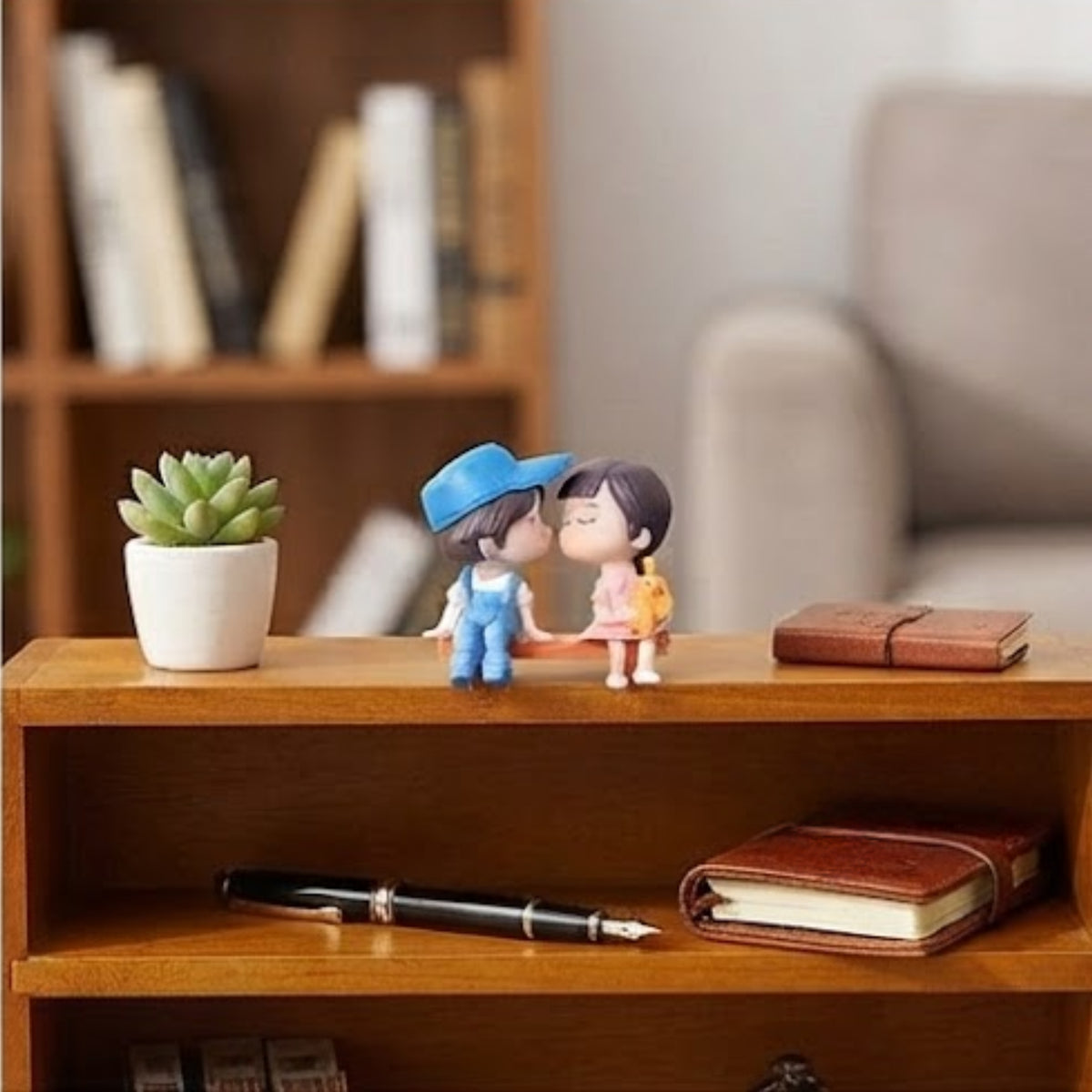 Girl & Boy on Bench Miniature (Grey & Blue)