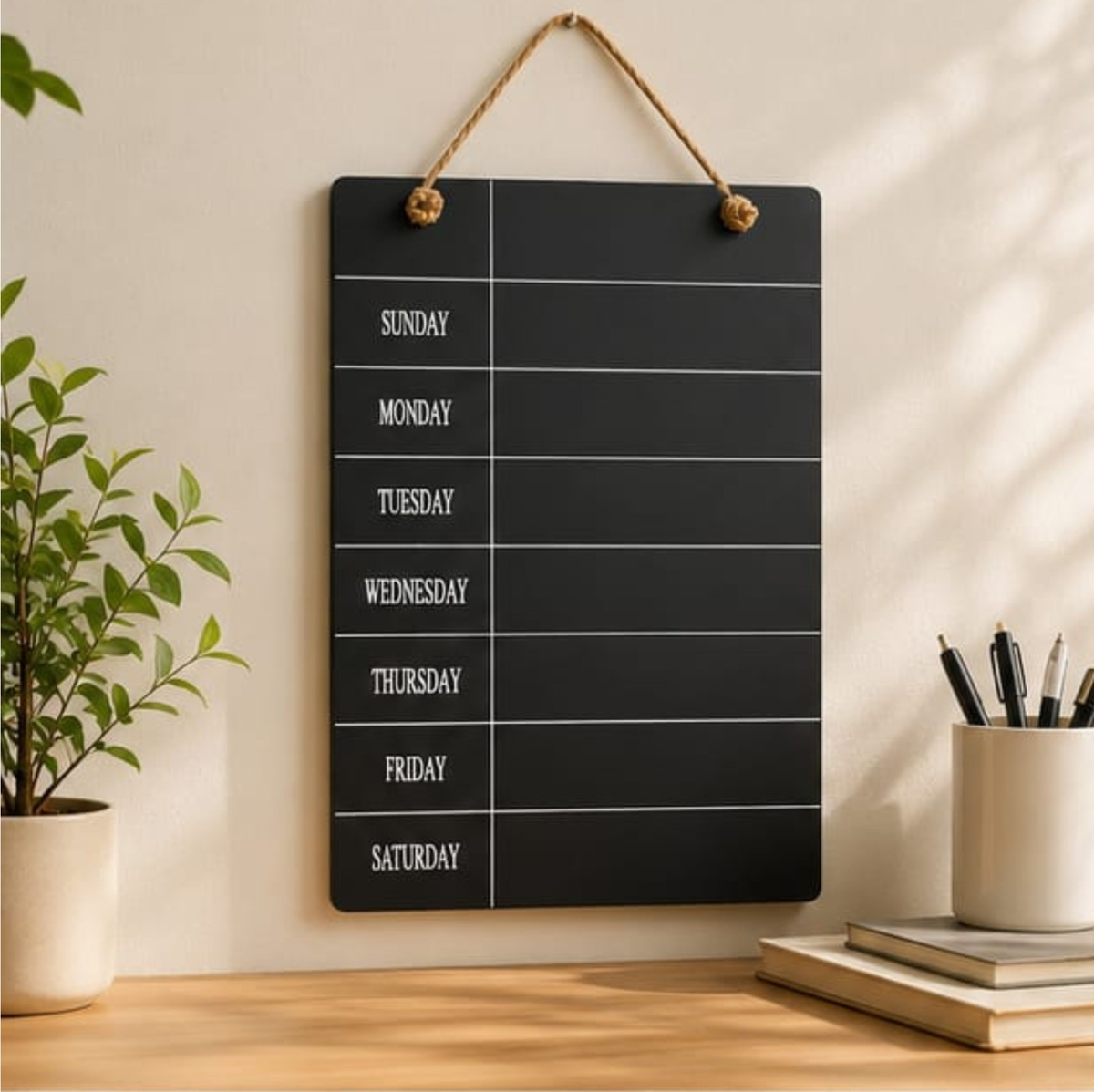Black wooden weekly planner board featuring white text for each day of the week from Sunday to Saturday and a rustic jute rope for hanging.